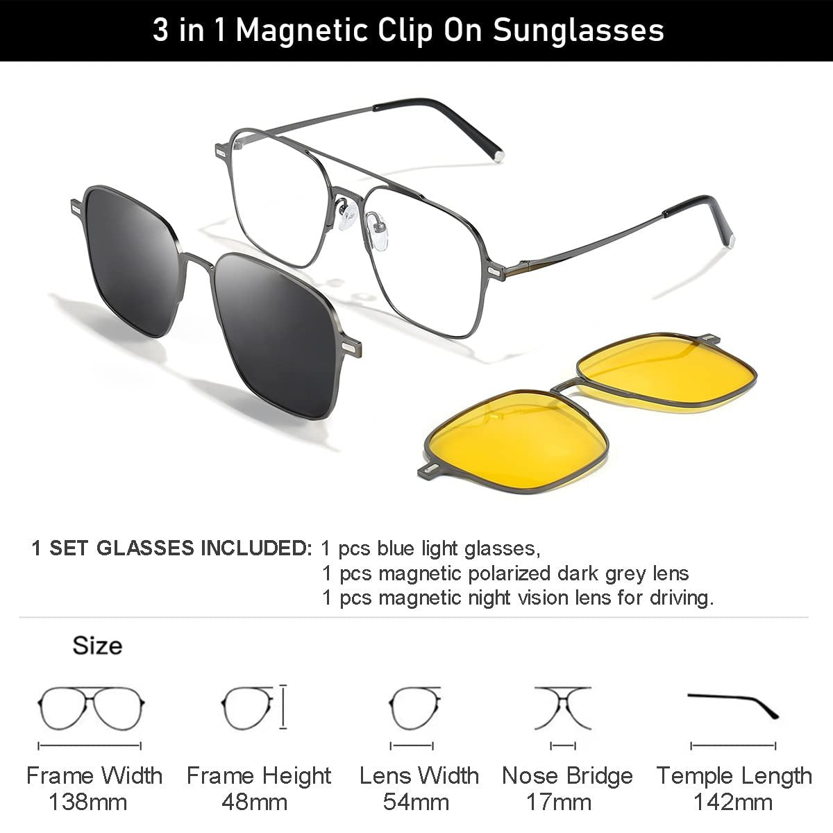 3-in-1 Magnetic Clip On Sunglasses for Men & Women